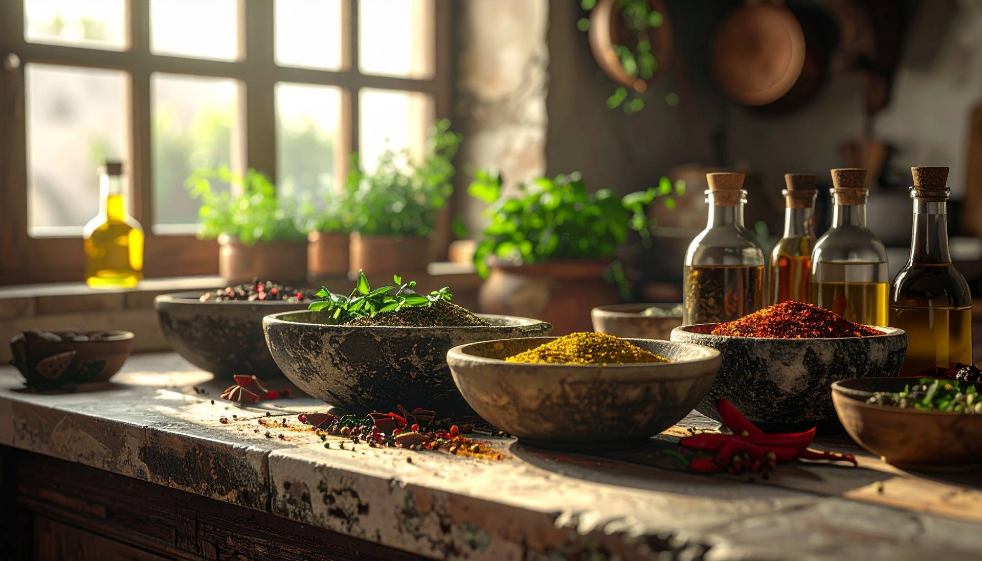 Home Medium Vecteezy Rustic Kitchen Still Life Herbs Spices Oils And Natural Light 71718060 Medium