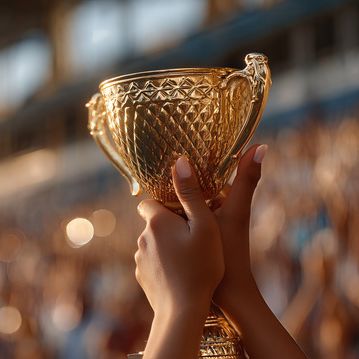 holding up a trophy